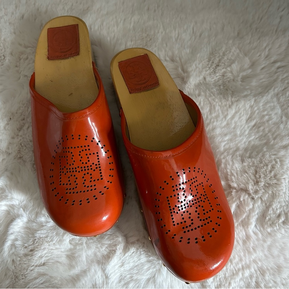 Burnt Orange Leather Tory Burch Mule Clogs Wooden Heel Slide On size 8 1/2